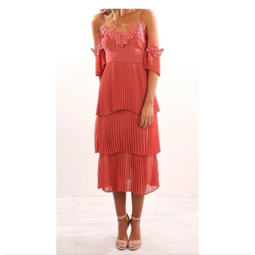 Keepsake the Label Pink Coral Chiffon Lace Pleated Cold Shoulder Midi Dress XS